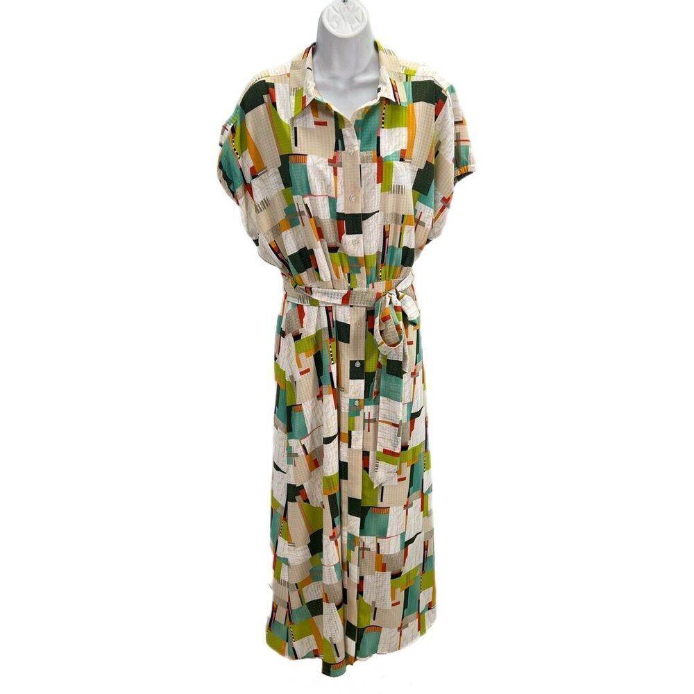 LDT Maxi Dress Women 12 Geometric Button Front Belted Stretch Pockets Career